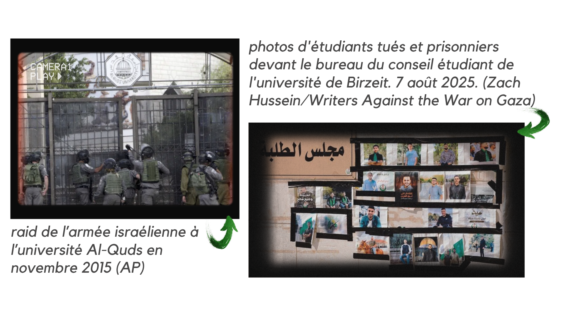 Deux photos. La première : photos d'étudiants tués et prisonniers devant le bureau du conseil étudiant de l'université de Birzeit. 7 août 2025. (Zach Hussein/Writers Against the War on Gaza). La deuxième : raid de l’armée israélienne à l’université Al-Quds en novembre 2015 (AP)
