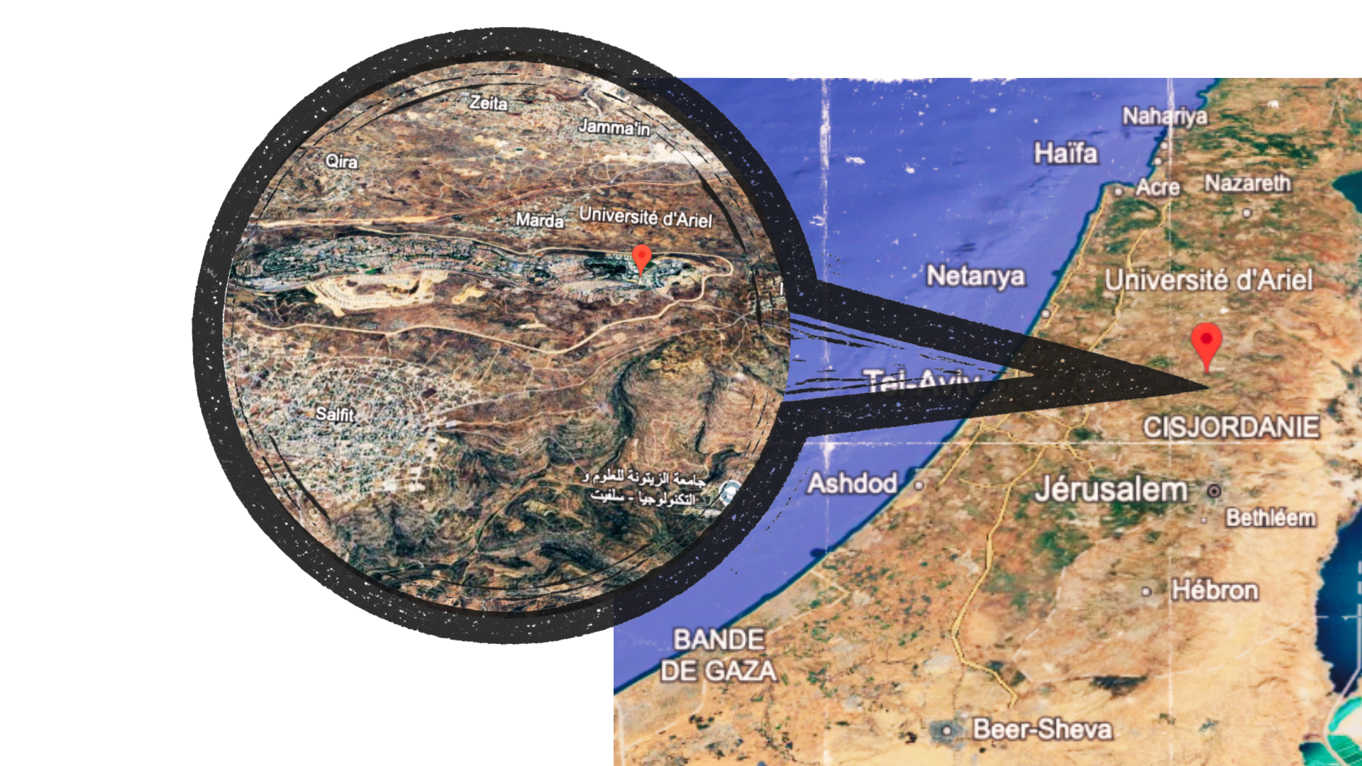 Carte avec une loupe qui permet de situer l'Université d'Ariel dans une colonie illégale en Palestine occupée
