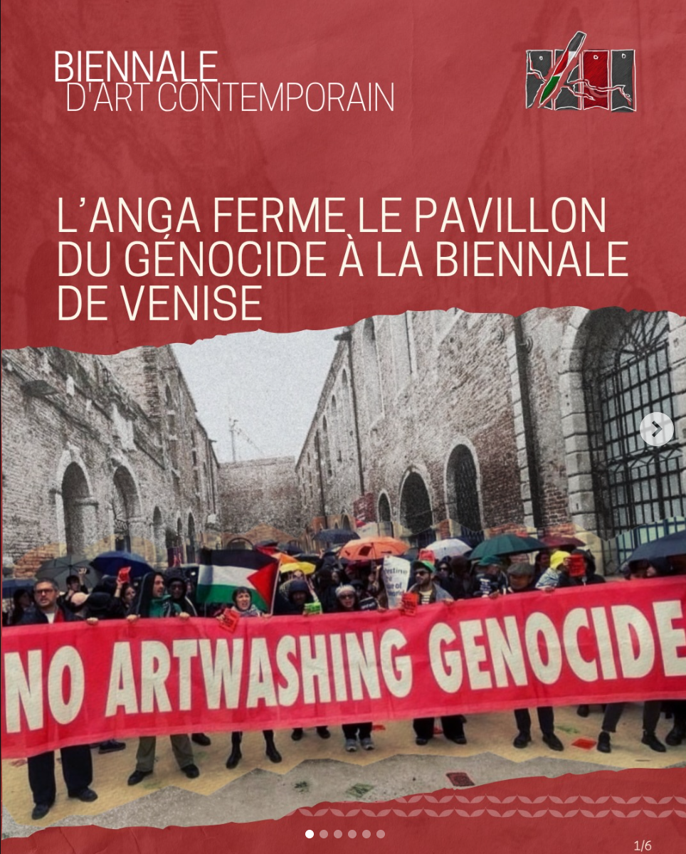 Capture écran d'une publication instagram sur la fermeture du pavillon du génocide à la Biennale de Venise par l'ANGA