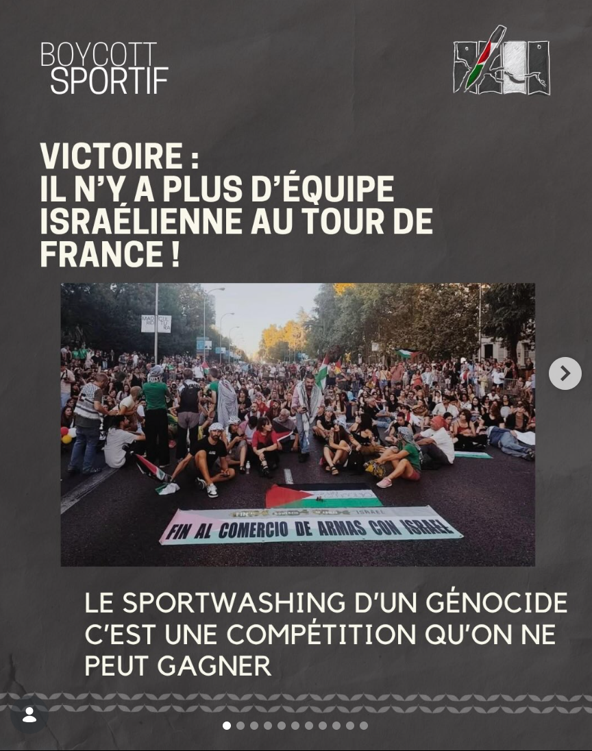 Capture écran d'une de nos publication instagram avec pour titre : Victoire, ll n'y a plus d'équipe israélienne au tour de france