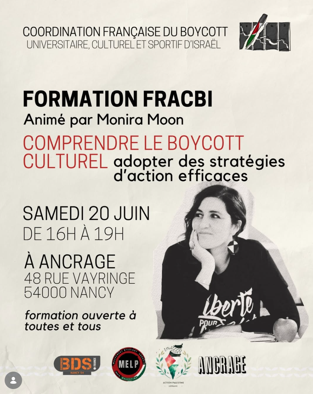 Formation FRACBI - Affiche instagram qui annonce la formation avec les horaires, les logos des partenaires, et une photo cropée de Monira Moon