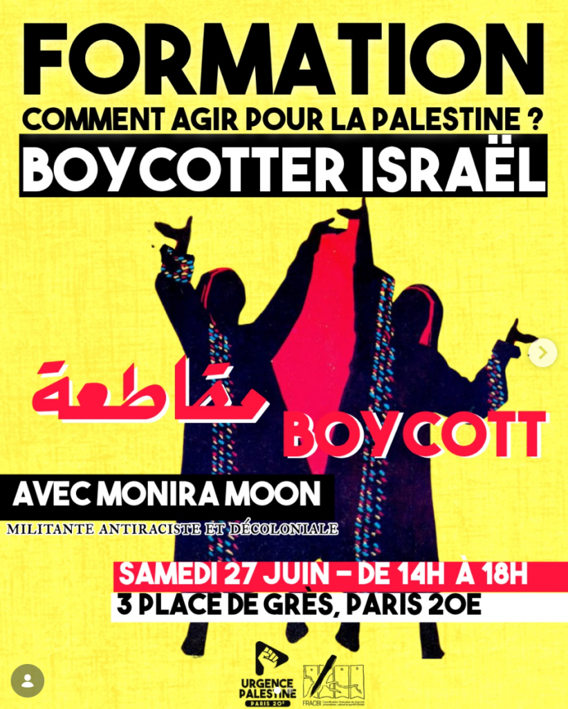 Formation FRACBI - Affiche de la formation Comment agir pour la Palestine, Boycotter Israel avec Monira Moon