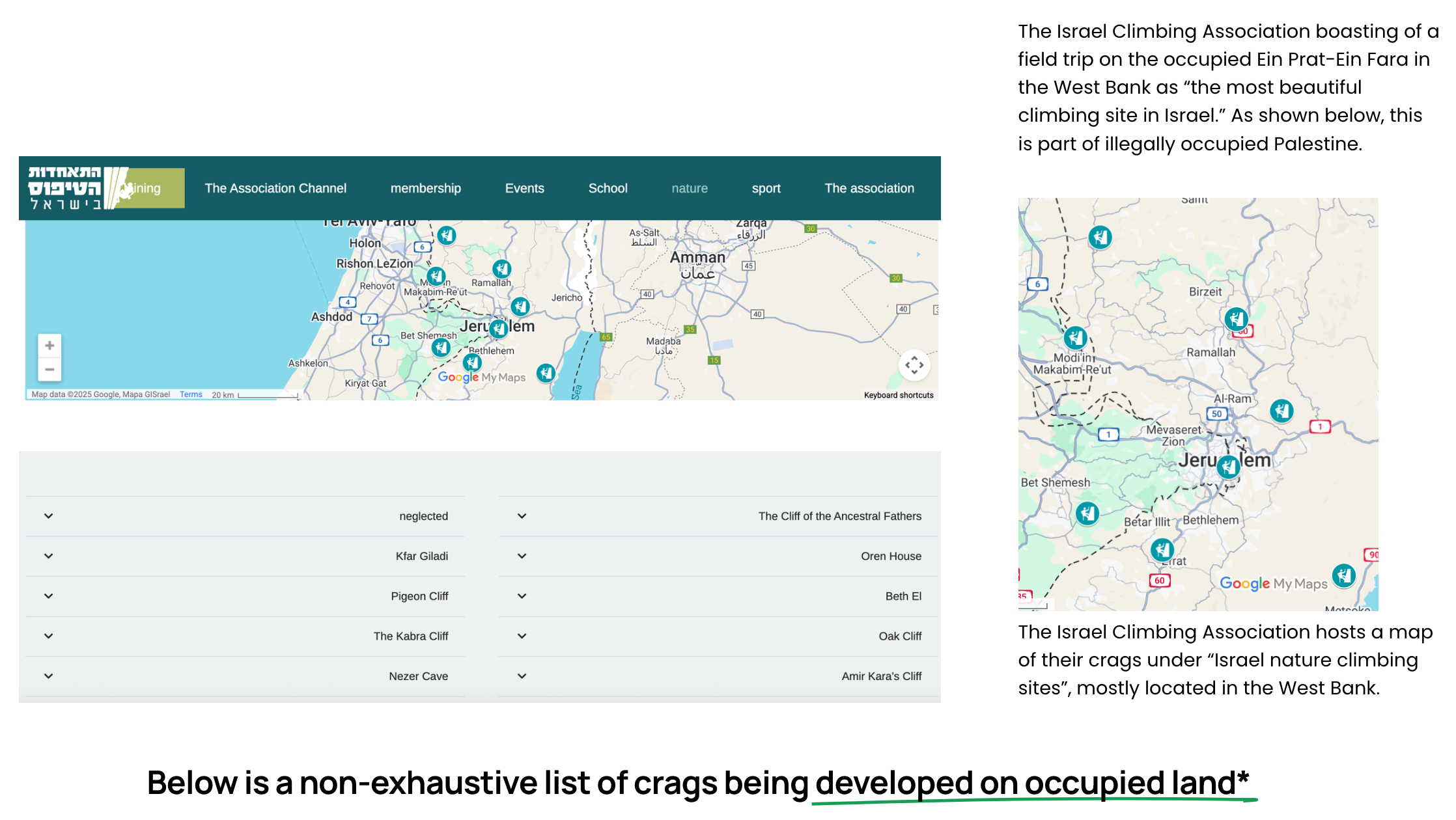 Capture écran depuis le site Ban Israel From World Climbing qui documente les cartees