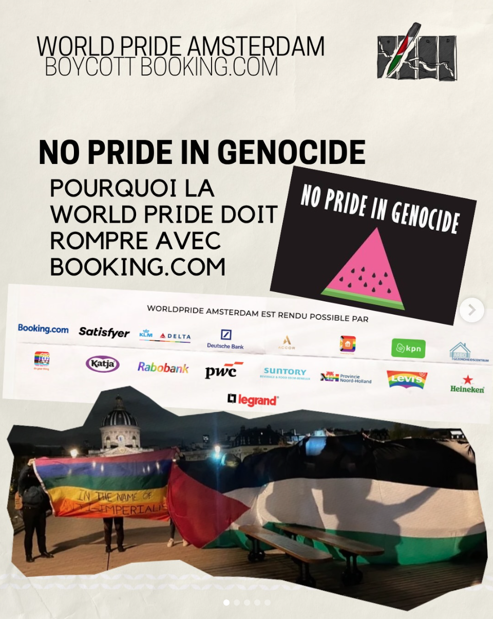 capture écran de la publication du FRACBI : No pride in genocide. Pourquoi la World Pride doit rompre avec booking.com