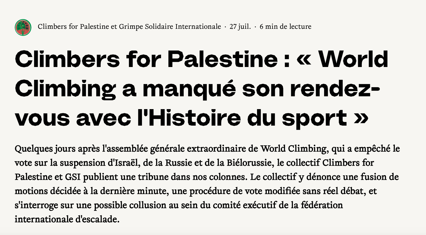 Capture d'écran d'un article sur la mobilisation dans la Grimpe issue du site Vertige média du 27 juillet - Climbers for Palestine : " World Climbing a manqué son rendez-vous avec l'Histoire du sport"