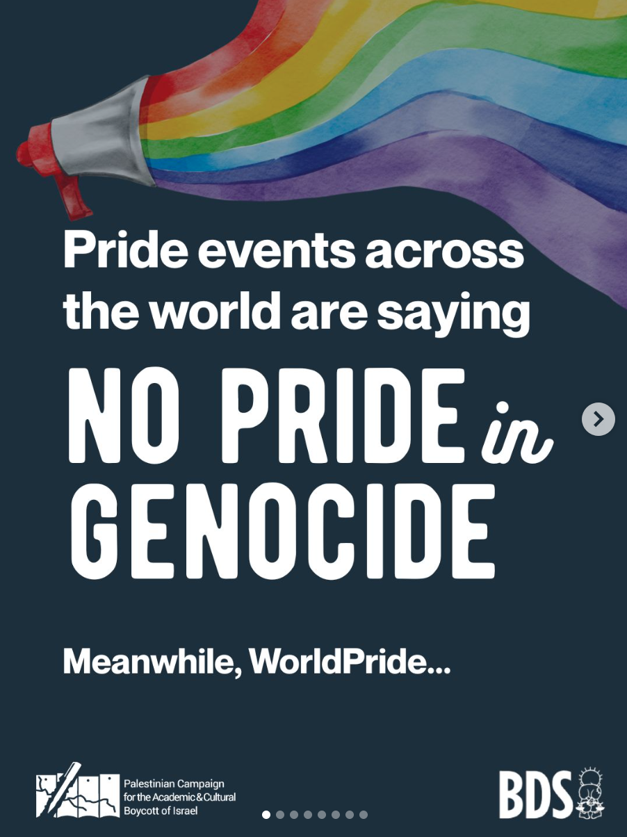 capture écran de la publication du PACBI / BDS : "Pride events across the world are saying No pride in genocide. Meanwhile, WorldPride..."